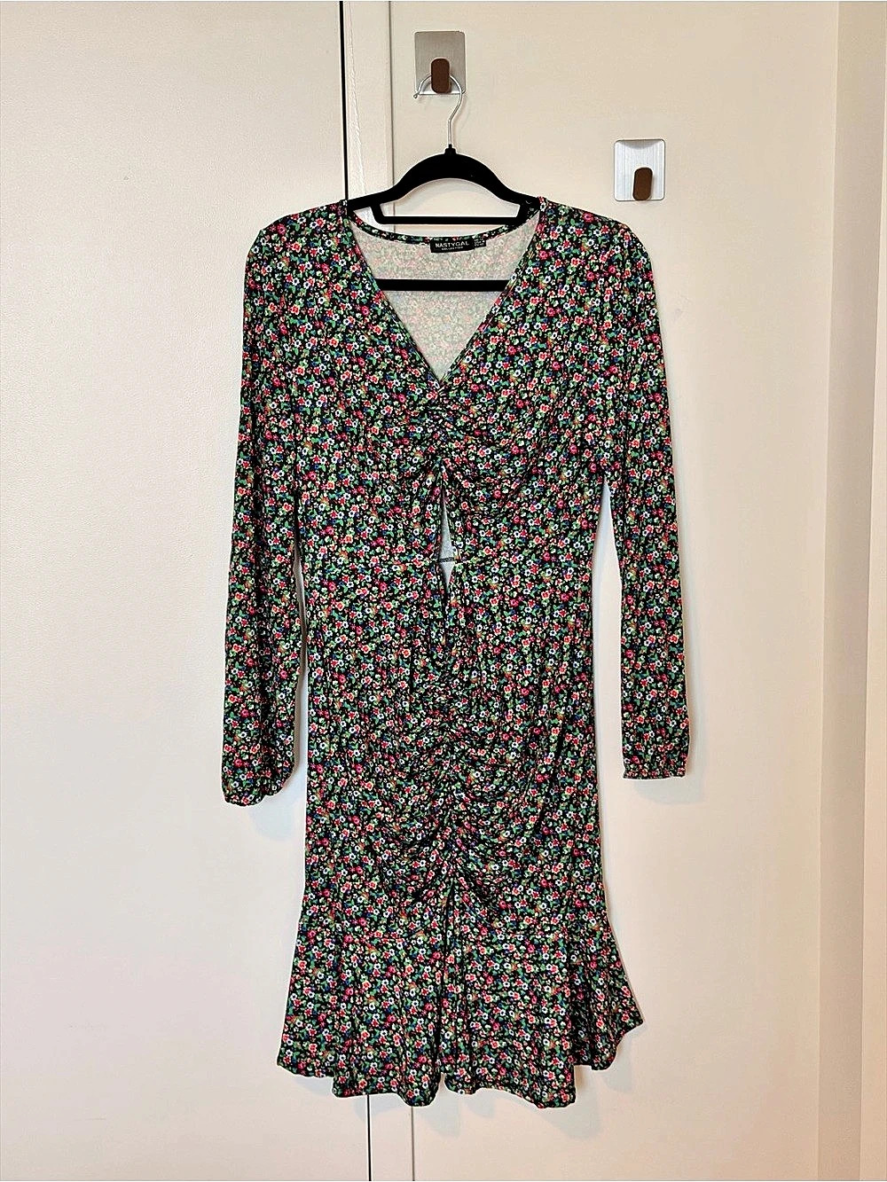 Nasty Gal Floral Ruched Tie Front Fluted Sleeve Mini Dress